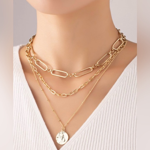 Elegant Gold Chain Triple Necklace with Pendant Set - Picture 3 of 4